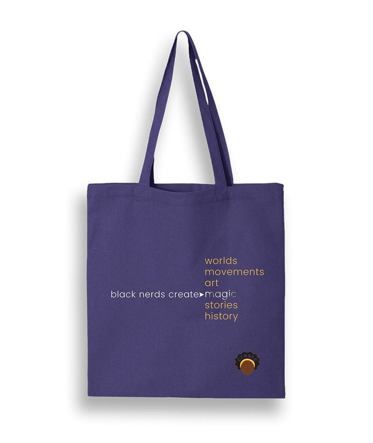 Purple canvas tote bag with "black nerds create > magic"
